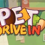 Λογότυπο με τη φράση PET DRIVE IN περιβαλλόμενο από εικόνες τροφίμων σε πράσινο φόντο