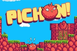 Κόκκινος χαρακτήρας σε πολύχρωμο, pixel art περιβάλλον με πράσινα και κόκκινα τούβλα και ουρανό με σύννεφα