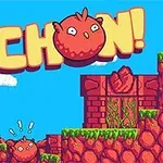 Κόκκινος χαρακτήρας σε πολύχρωμο, pixel art περιβάλλον με πράσινα και κόκκινα τούβλα και ουρανό με σύννεφα