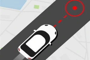 Άσπρο αυτοκίνητο σε μαύρο δρόμο με κόκκινη κυκλική ένδειξη πάνω σε χάρτη