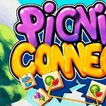 Κείμενο Picnic Connect σε έντονα μοβ και κίτρινα γράμματα με εικόνες φαγητού από κάτω