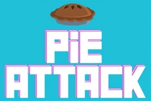 Μια τρισδιάστατη λέξη PIE ATTACK με καφέ πίτα σε μπλε φόντο