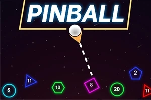 Η εικόνα παρουσιάζει μια λέξη PINBALL στην κορυφή, μια λευκή μπάλα με κατεύθυνση προς γεωμετρικά σχήματα με αριθμούς σε διάφορα χρώματα
