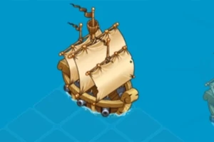 Ξύλινο καράβι με λευκά πανιά πλέει σε γαλάζια θάλασσα