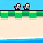 Δύο pixel art φιγούρες στέκονται σε μια πράσινη πλατφόρμα πάνω από άμμο με γαλάζιο ουρανό στο φόντο