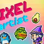 Πολύχρωμα pixel art σχέδια με χαρακτήρες και αντικείμενα, όπως ιππότη, πιγκουίνο, πάπια, μάγο, σκύλο και αβοκάντο σε gradient φόντο με τη φράση PIXEL artist