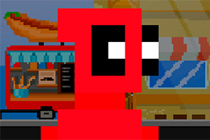 Ένα pixel art σκίτσο με κόκκινη φιγούρα μπροστά από καντίνα με χοτ ντογκ