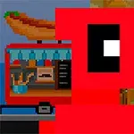 Ένα pixel art σκίτσο με κόκκινη φιγούρα μπροστά από καντίνα με χοτ ντογκ