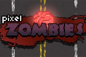 Ένα pixel art σχέδιο με τον τίτλο Pixel Zombies σε φόντο με αίμα και άσφαλτο