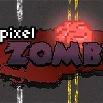 Ένα pixel art σχέδιο με τον τίτλο Pixel Zombies σε φόντο με αίμα και άσφαλτο