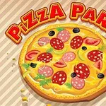 Πίτσα με σαλάμι, ντομάτες, ελιές και μυρωδικά, με την επιγραφή Pizza Party από πάνω