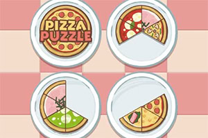 Τέσσερα πιάτα με πίτσες, το ένα με τη λέξη Pizza Puzzle και άλλα τρία με πίτσες κομμένες σε κομμάτια σε πολύχρωμο μοτίβο
