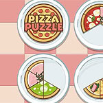 Τέσσερα πιάτα με πίτσες, το ένα με τη λέξη Pizza Puzzle και άλλα τρία με πίτσες κομμένες σε κομμάτια σε πολύχρωμο μοτίβο