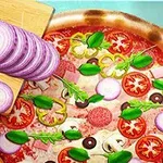 Πίτσα με ντομάτα, ελιές, μανιτάρια, σαλάμι και φύλλα βασιλικού, δίπλα σε ξύλο κοπής με κομμένες φέτες κρεμμυδιού