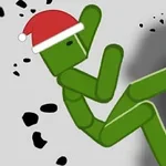 Πράσινη φιγούρα με χριστουγεννιάτικο σκουφάκι πέφτει σε φόντο με μαύρες κηλίδες