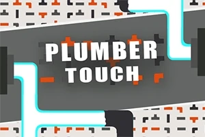 Κείμενο PLUMBER TOUCH σε γκρι φόντο με φωτεινές κυανές γραμμές που διασχίζουν αγωγούς