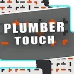 Κείμενο PLUMBER TOUCH σε γκρι φόντο με φωτεινές κυανές γραμμές που διασχίζουν αγωγούς