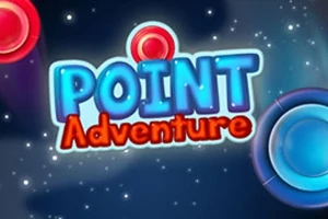 Φωτεινή και πολύχρωμη εικόνα με τη λέξη Point Adventure στο κέντρο, περιτριγυρισμένη από κόκκινους και μπλε κύκλους σε σκούρο, αστερόεντο φόντο