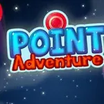 Φωτεινή και πολύχρωμη εικόνα με τη λέξη Point Adventure στο κέντρο, περιτριγυρισμένη από κόκκινους και μπλε κύκλους σε σκούρο, αστερόεντο φόντο