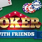 Κάρτες, μάρκες και ο τίτλος POKER WITH FRIENDS σε πράσινο φόντο