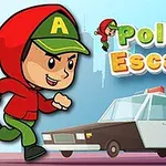 Ένα κινούμενο σχέδιο ενός αγοριού με κόκκινη κουκούλα και καπέλο τρέχει μπροστά από ένα περιπολικό αυτοκίνητο με φόντο μπλε ουρανό