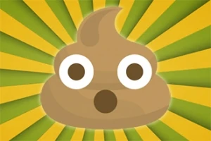 Emoji καφέ σωρού με λευκά μάτια και έκφραση έκπληξης πάνω σε πολύχρωμο φόντο με κίτρινες και πράσινες ακτίνες