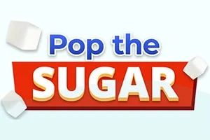 Κείμενο Pop the Sugar σε μπλε και λευκά γράμματα πάνω σε κόκκινο πλαίσιο με ζάχαρη κύβους γύρω