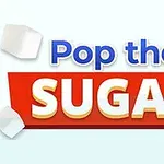 Κείμενο Pop the Sugar σε μπλε και λευκά γράμματα πάνω σε κόκκινο πλαίσιο με ζάχαρη κύβους γύρω