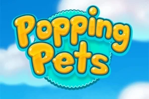 Φωτεινό λογότυπο με την κίτρινη φράση Popping Pets σε είδος κινούμενων σχεδίων, με φόντο μπλε ουρανό και λευκά σύννεφα
