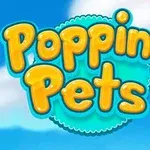 Φωτεινό λογότυπο με την κίτρινη φράση Popping Pets σε είδος κινούμενων σχεδίων, με φόντο μπλε ουρανό και λευκά σύννεφα