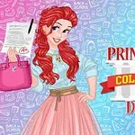 Μια κοκκινομάλλα πριγκίπισσα κρατάει ένα τετράδιο και μια ροζ τσάντα με γραφικό φόντο και τον τίτλο Princess College Day