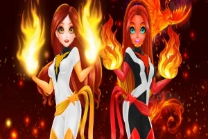 Δύο χαρακτήρες με κόκκινα μαλλιά κρατούν φωτιές στα χέρια τους σε ένα φλογερό υπόβαθρο