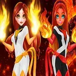 Δύο χαρακτήρες με κόκκινα μαλλιά κρατούν φωτιές στα χέρια τους σε ένα φλογερό υπόβαθρο