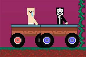Δύο pixelated χαρακτήρες σε ένα ξύλινο όχημα με τέσσερις τροχούς μπροστά σε μωβ φόντο