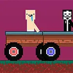 Δύο pixelated χαρακτήρες σε ένα ξύλινο όχημα με τέσσερις τροχούς μπροστά σε μωβ φόντο