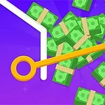 Χαρτονομίσματα δέσμες πέφτουν μέσα από δύο λευκούς τοίχους με μια κίτρινη καρφίτσα να τα συγκρατεί σε μοβ φόντο