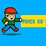Ένα pixel art αγόρι με κόκκινο καπέλο ρίχνει γροθιά προς ένα κίτρινο πλαίσιο με κείμενο Punch Kid Knockout σε μπλε φόντο