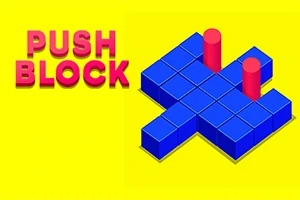Κίτρινο φόντο με κόκκινη γραφή PUSH BLOCK και μπλε τρισδιάστατα μπλοκ με κόκκινους κυλίνδρους