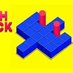 Κίτρινο φόντο με κόκκινη γραφή PUSH BLOCK και μπλε τρισδιάστατα μπλοκ με κόκκινους κυλίνδρους