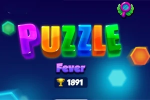 Πολύχρωμα γράμματα που σχηματίζουν τη λέξη PUZZLE σε σκούρο μπλε φόντο με γεωμετρικά σχήματα και αριθμό κύπελλου δίπλα στην ένδειξη Fever