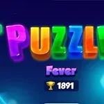 Πολύχρωμα γράμματα που σχηματίζουν τη λέξη PUZZLE σε σκούρο μπλε φόντο με γεωμετρικά σχήματα και αριθμό κύπελλου δίπλα στην ένδειξη Fever