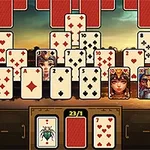 Κάρτες τακτοποιημένες σε στήλες με φόντο ηλιοβασίλεμα και εικονογραφήσεις προσώπων
