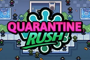 Λογότυπο με τη φράση Quarantine Rush πάνω από ένα σχέδιο με μικροσκοπικούς ανθρώπους σε ψηφιακό περιβάλλον