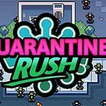 Λογότυπο με τη φράση Quarantine Rush πάνω από ένα σχέδιο με μικροσκοπικούς ανθρώπους σε ψηφιακό περιβάλλον
