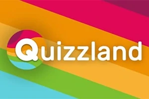 Μια πολύχρωμη εικόνα με το λογότυπο Quizland σε φωτεινό φόντο