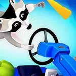 Ρακούν πετάει δίπλα σε τιμόνι σε μπλε φόντο με διάφορα αντικείμενα όπως καβούρι και πιπεριά