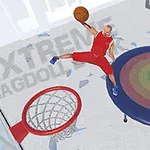 Καλαθοσφαίριση με αθλητή να κάνει άλμα από τραμπολίνο για κάρφωμα σε εσωτερικό γήπεδο