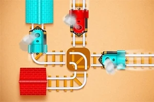 Τέσσερις πολύχρωμες μηχανές τρένων σε διασταύρωση σιδηροτροχιών με σπίτια στις γωνίες