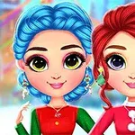 Δύο κινούμενοι χαρακτήρες με γιορτινά ρούχα, η μία με μπλε μαλλιά και η άλλη με κόκκινα