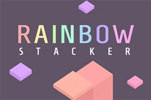 Κείμενο με χρωματιστά γράμματα RAINBOW STACKER σε γκρι φόντο με ροζ και μοβ κύβους
